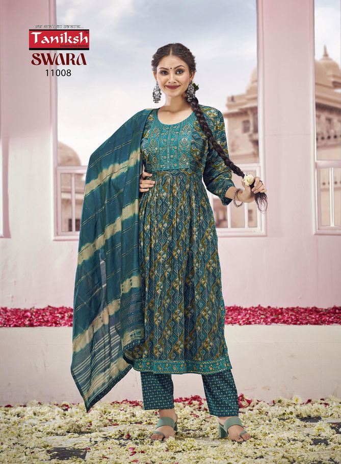 Swara Vol 11 By Taniksh Rayon Printed Embroidery Kurti With Bottom Dupatta Wholesale Price In Surat